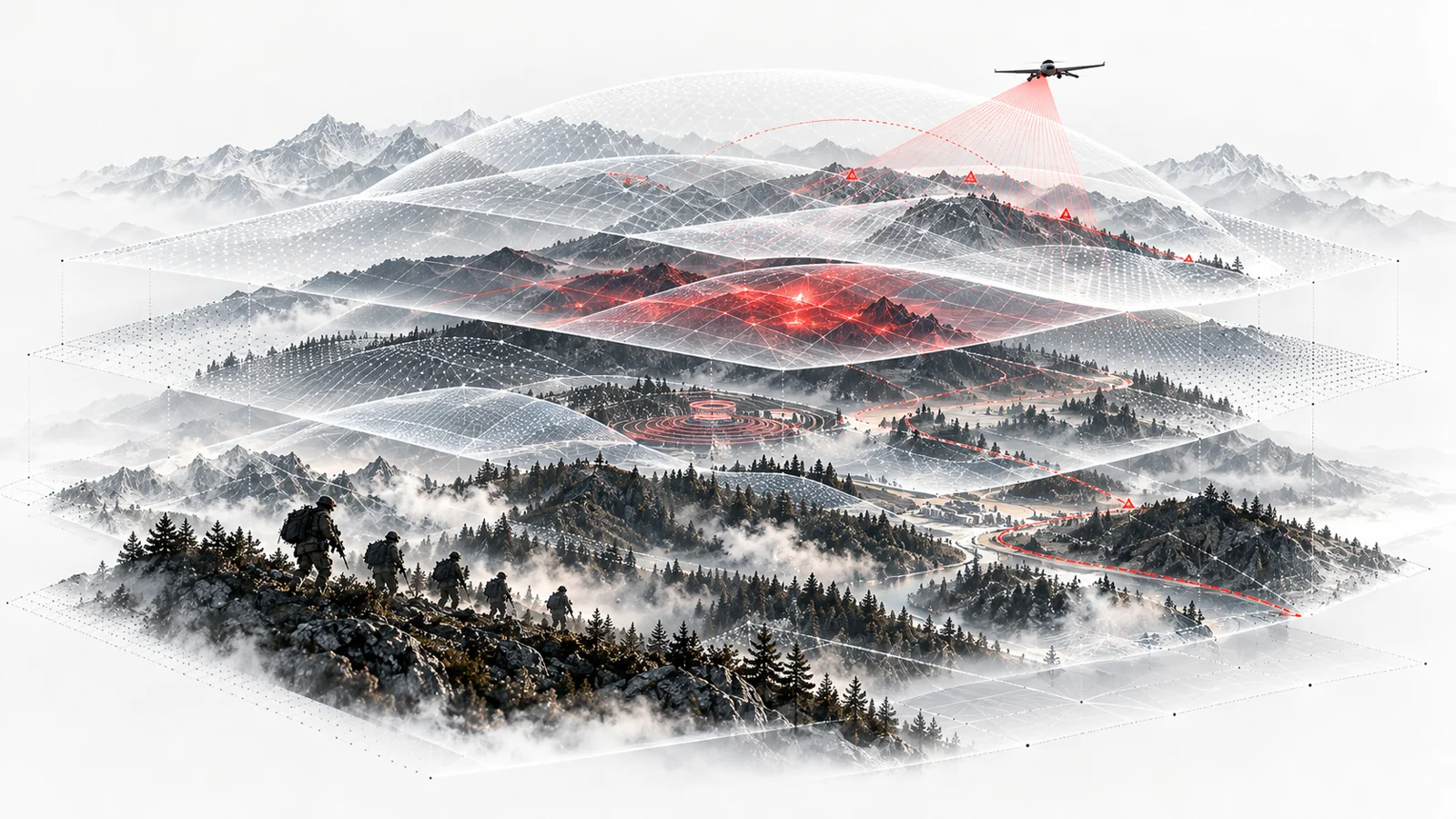 Concept illustration of overlapping protection layers across teams, equipment, and terrain.